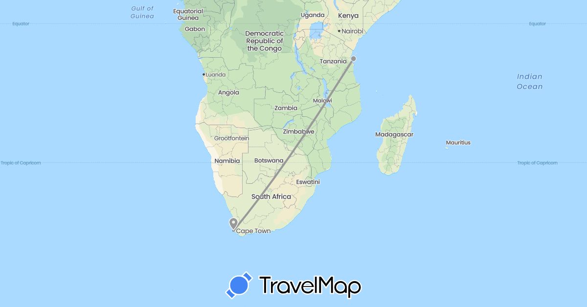 TravelMap itinerary: driving, plane in Tanzania, South Africa (Africa)